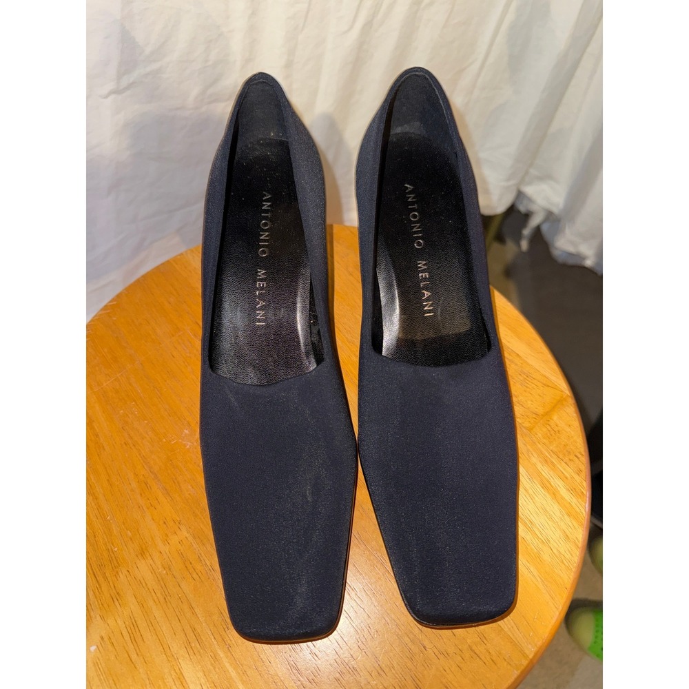 Antonio Melani Navy Blue Fabric Square Toe Block Heel Pumps Leather Sole 8.5M